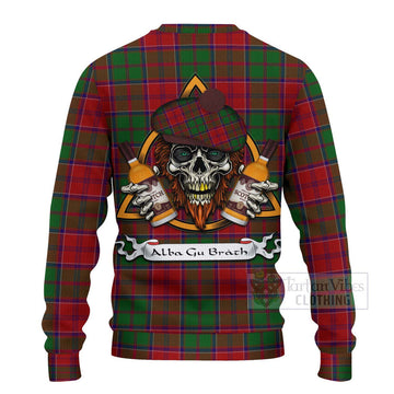 Grant Tartan Ugly Sweater with Family Crest and Bearded Skull Holding Bottles of Whiskey