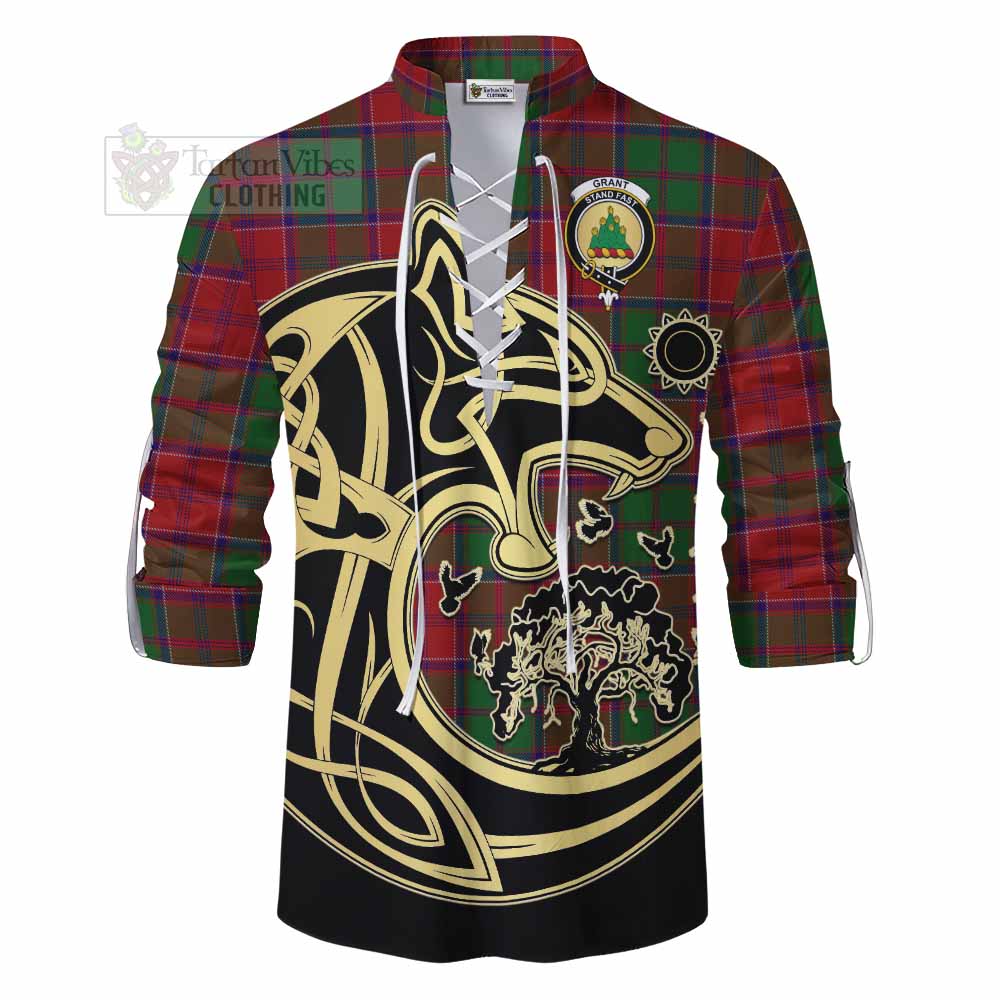 Grant Tartan Ghillie Kilt Shirt with Family Crest Celtic Wolf Style - Tartan Vibes Clothing