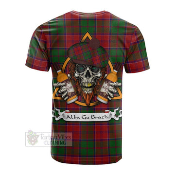 Grant Tartan Cotton T-shirt with Family Crest and Bearded Skull Holding Bottles of Whiskey