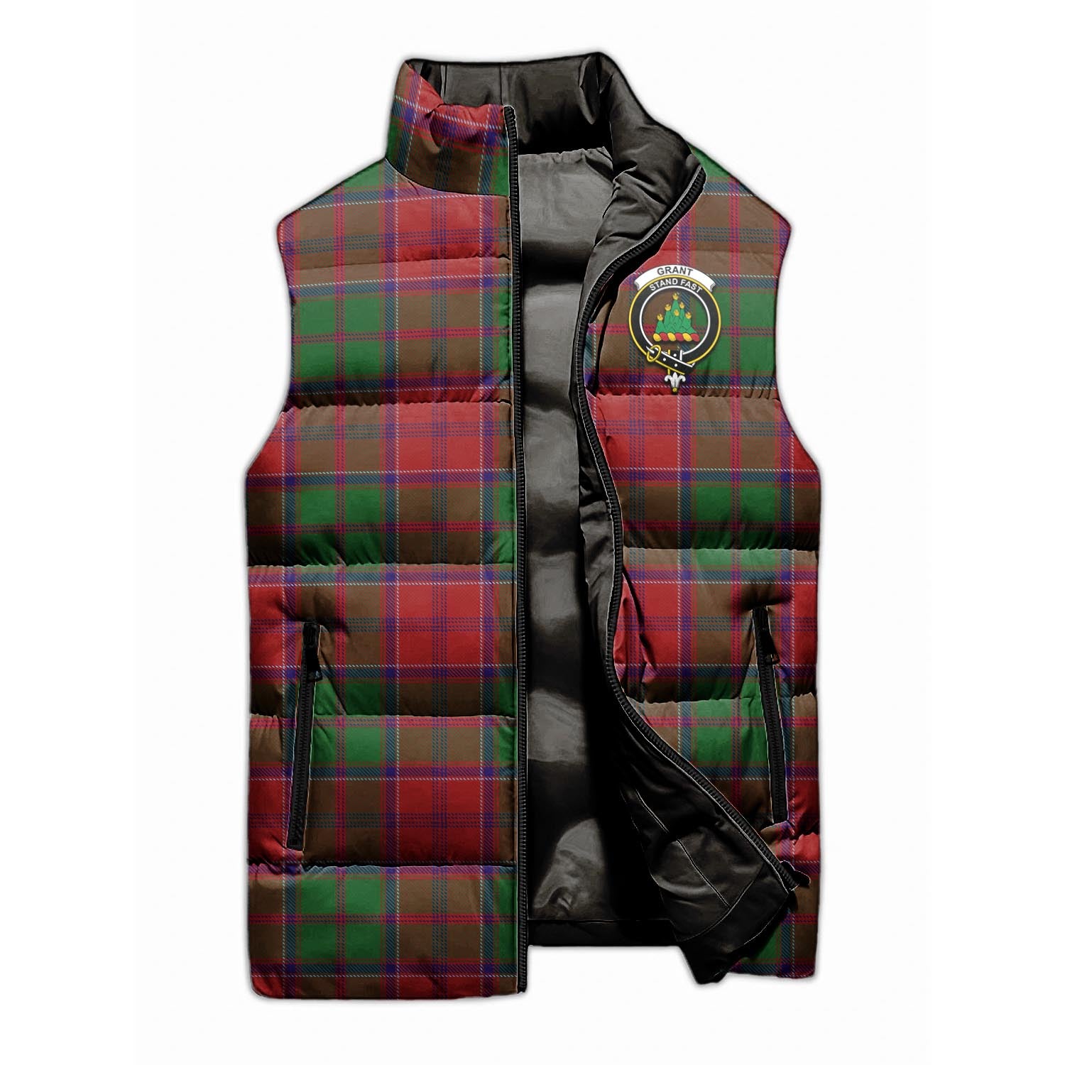 Grant Tartan Sleeveless Puffer Jacket with Family Crest - Tartanvibesclothing