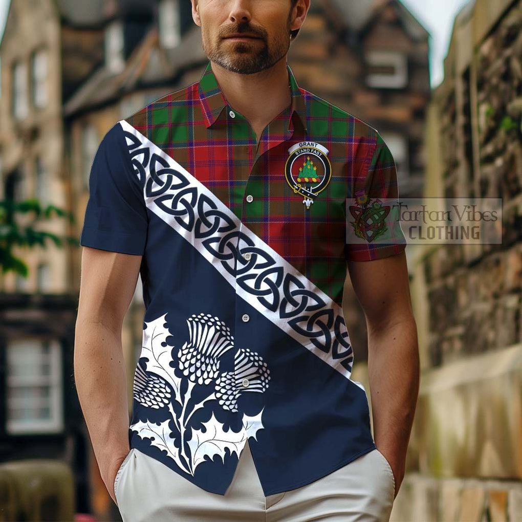 Tartan Vibes Clothing Grant Tartan Short Sleeve Button Shirt Featuring Thistle and Scotland Map