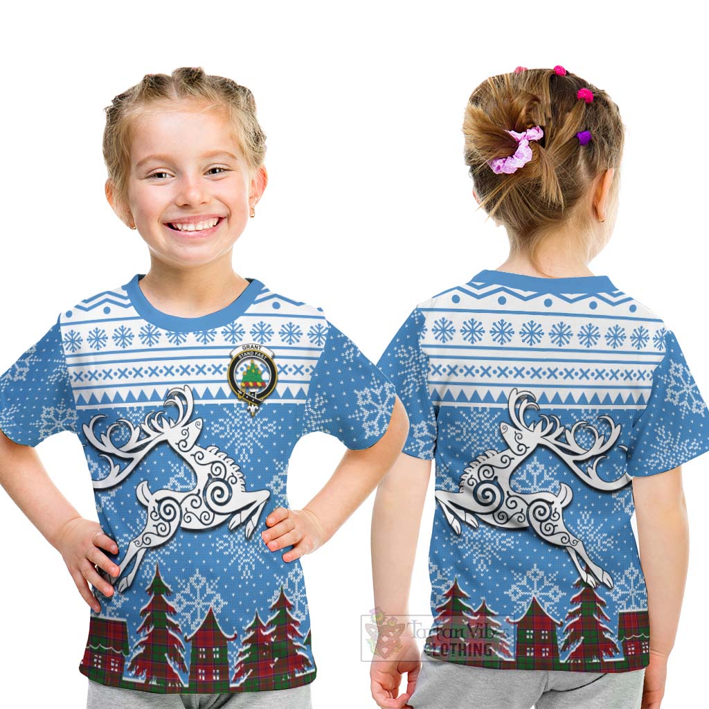 Tartan Vibes Clothing Grant Clan Christmas Kid T-Shirt Celtic Reindeer Style