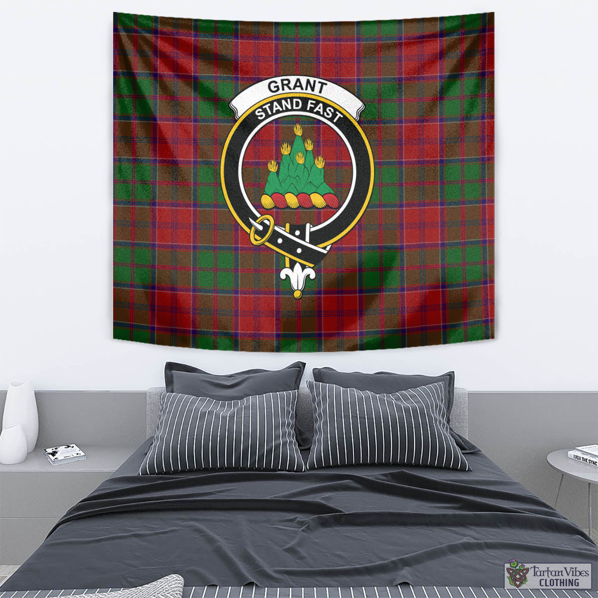 Tartan Vibes Clothing Grant Tartan Tapestry Wall Hanging and Home Decor for Room with Family Crest