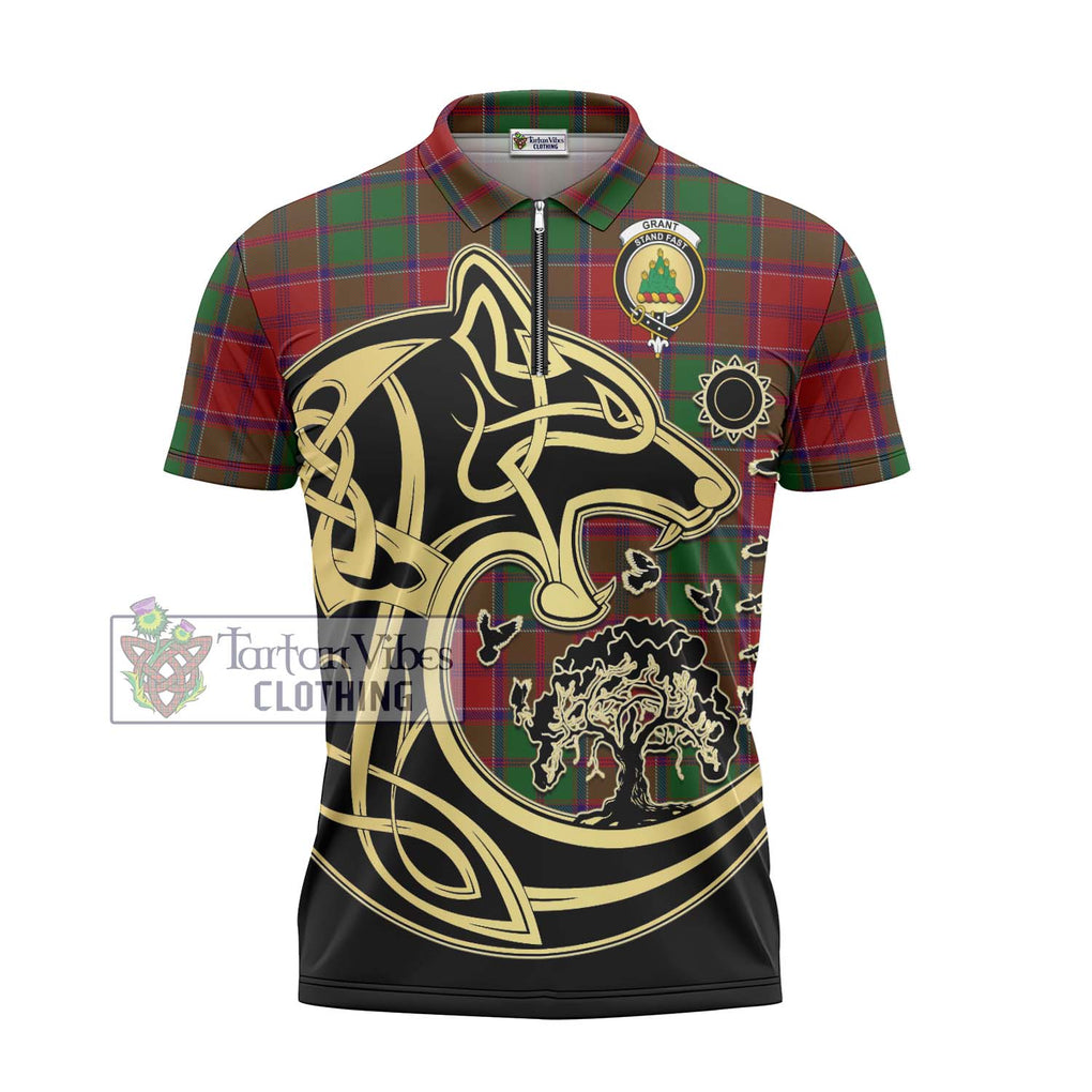 Grant Tartan Zipper Polo Shirt with Family Crest Celtic Wolf Style - Tartanvibesclothing Shop