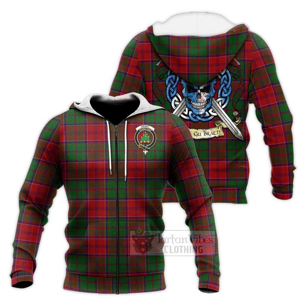 Tartan Vibes Clothing Grant Tartan Knitted Hoodie with Family Crest Celtic Skull Style