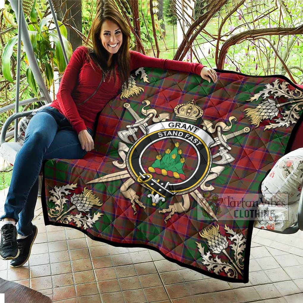 Tartan Vibes Clothing Grant Tartan Quilt with Family Crest and Scottish Golden Courage Shield