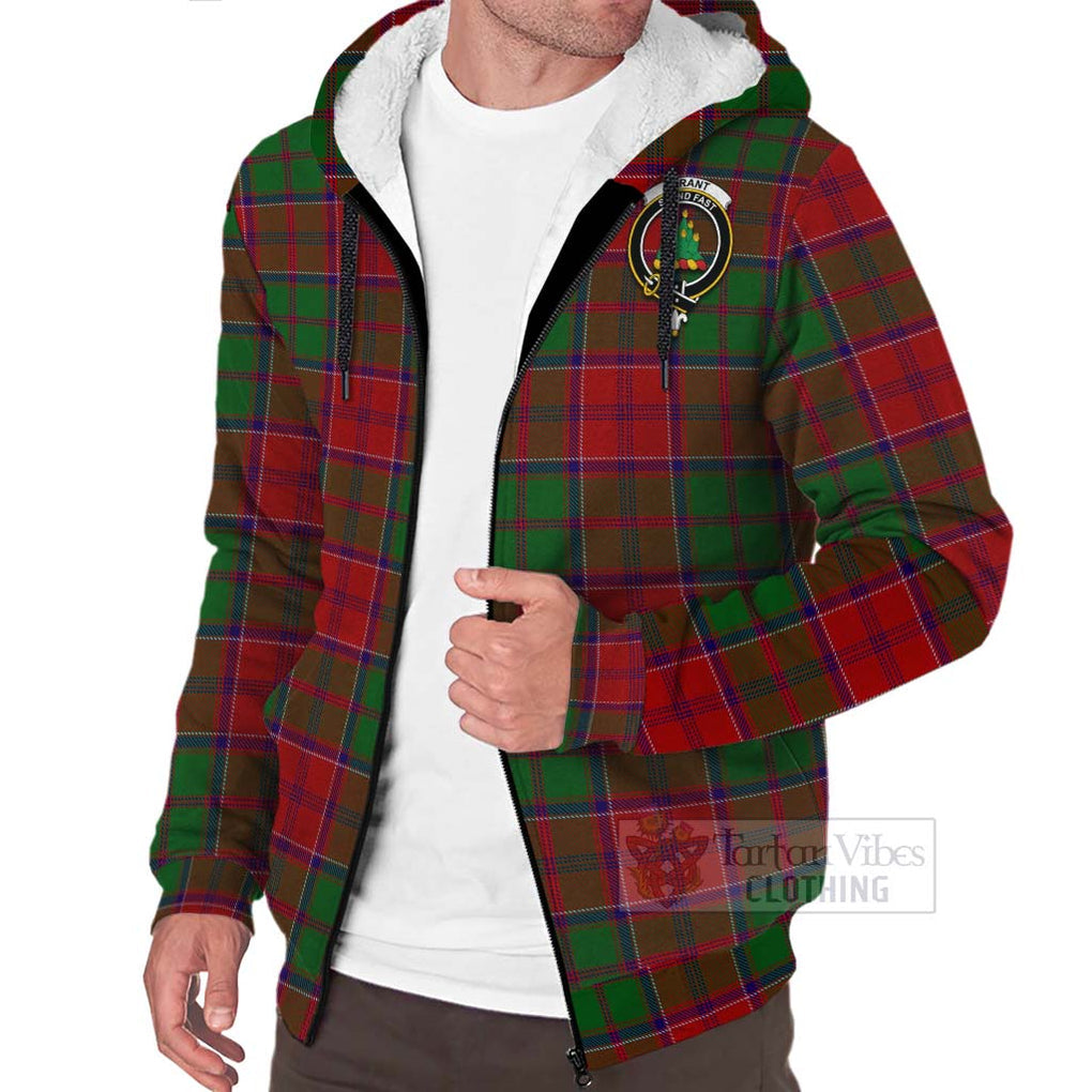 Tartan Vibes Clothing Grant Tartan Sherpa Hoodie with Family Crest and Bearded Skull Holding Bottles of Whiskey