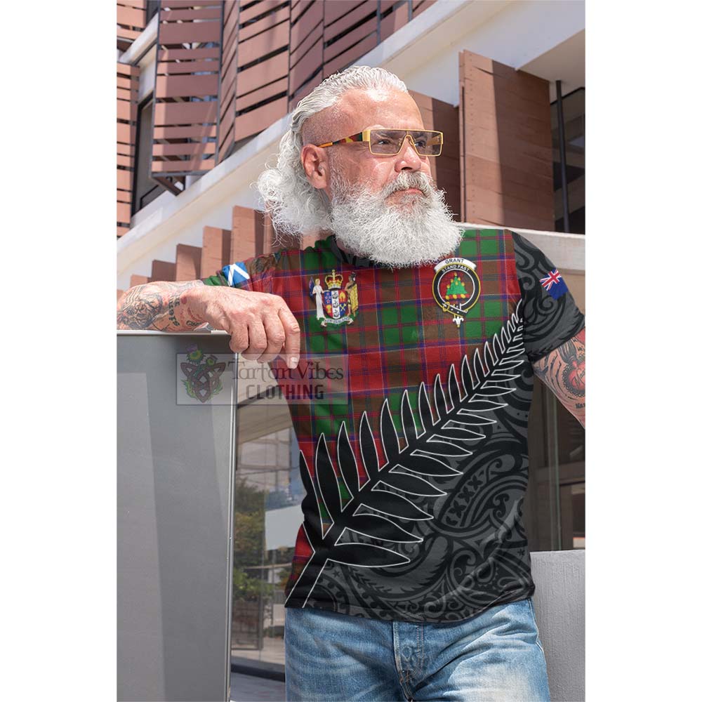 Tartan Vibes Clothing Grant Crest Tartan Cotton T-shirt with New Zealand Silver Fern Half Style