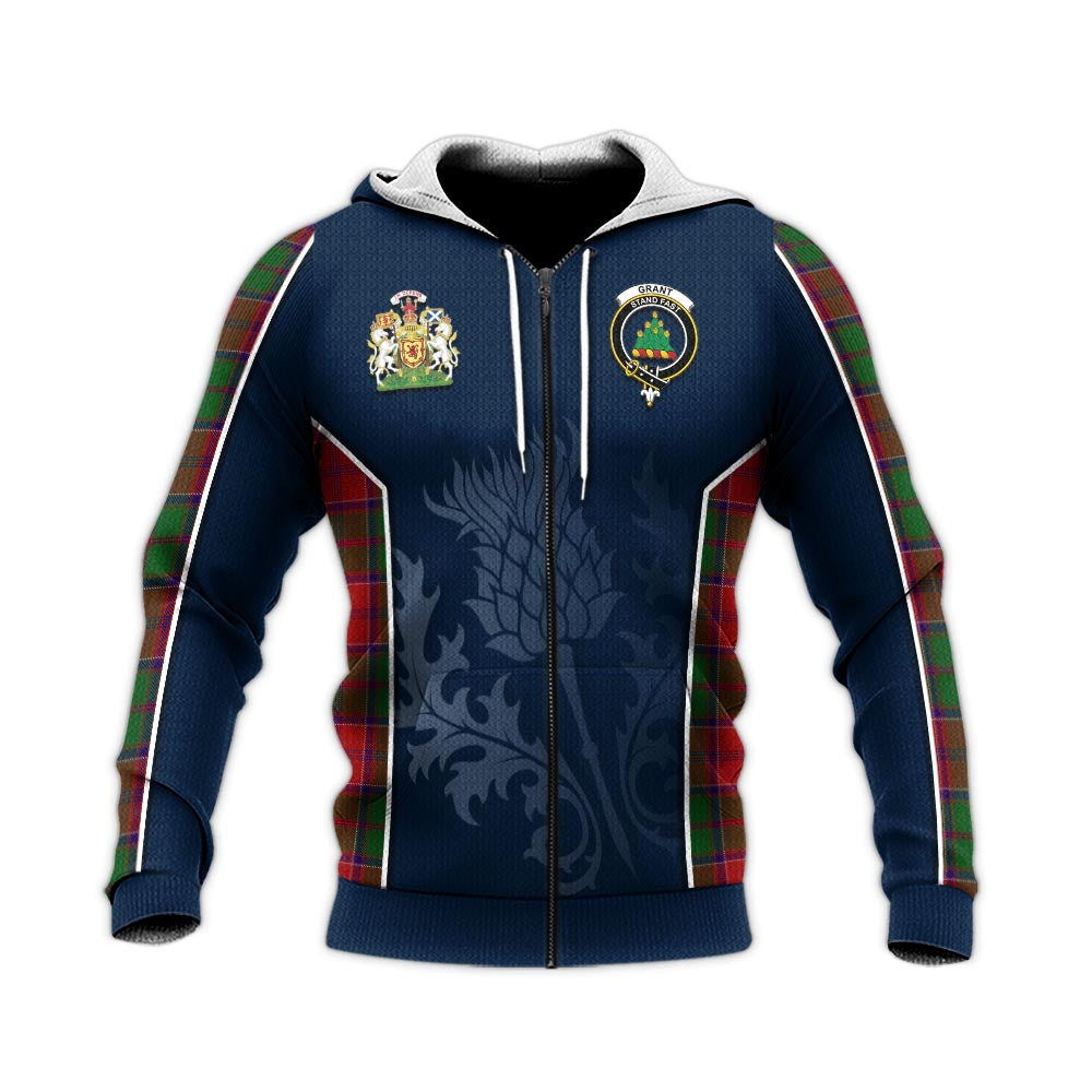 Tartan Vibes Clothing Grant Tartan Knitted Hoodie with Family Crest and Scottish Thistle Vibes Sport Style