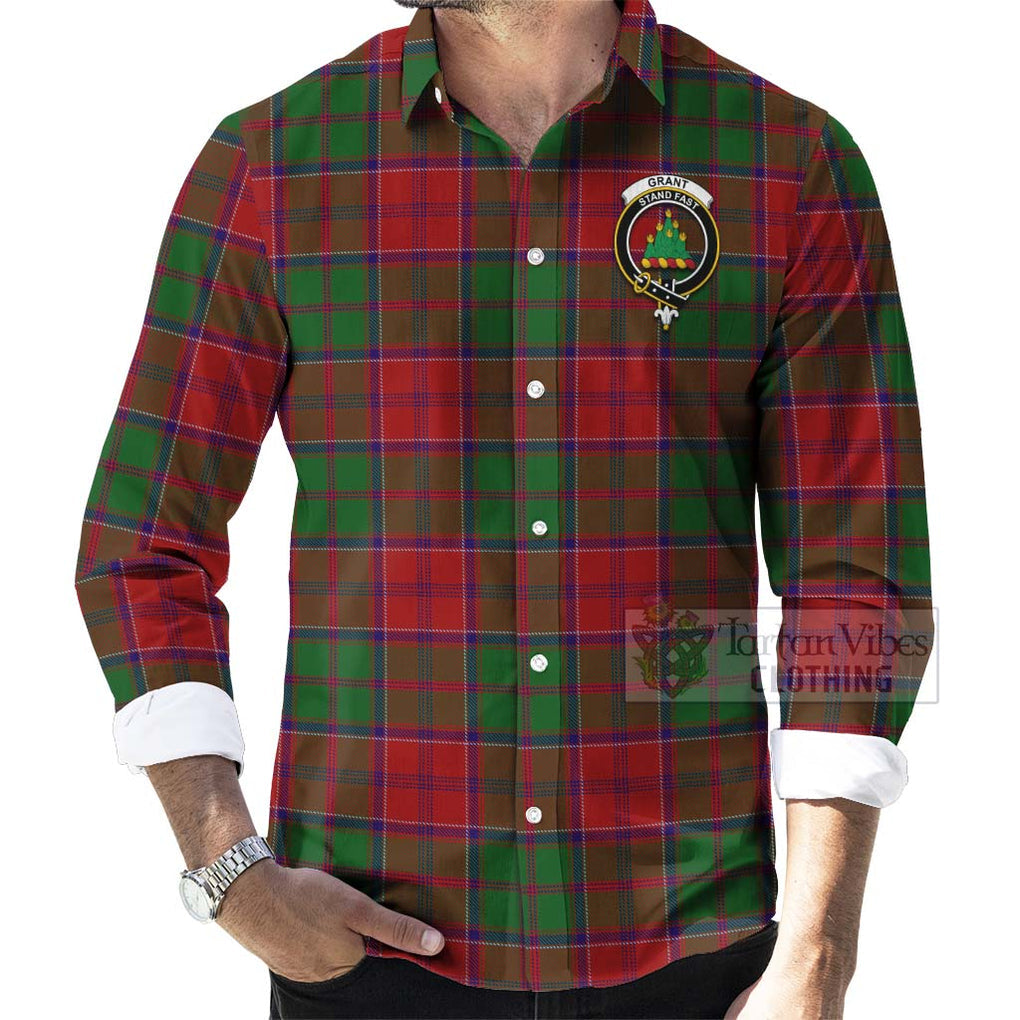 Tartan Vibes Clothing Grant Tartan Long Sleeve Button Shirt with Family Crest Celtic Skull Style