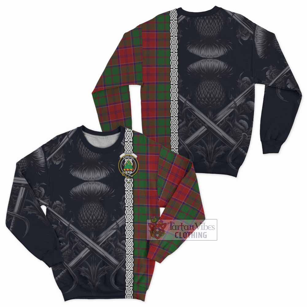 Tartan Vibes Clothing Grant Tartan Sweatshirt with Family Crest Cross Sword Thistle Celtic Vibes