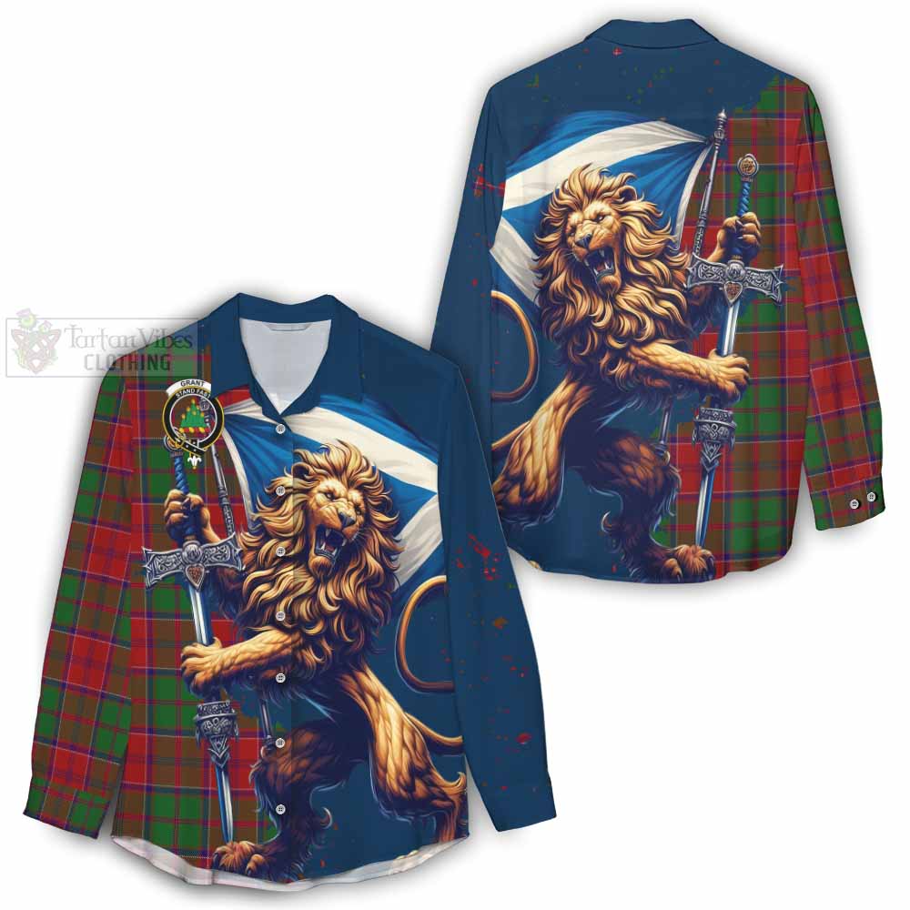 Tartan Vibes Clothing Grant Tartan Family Crest Women's Casual Shirt with Scottish Majestic Lion