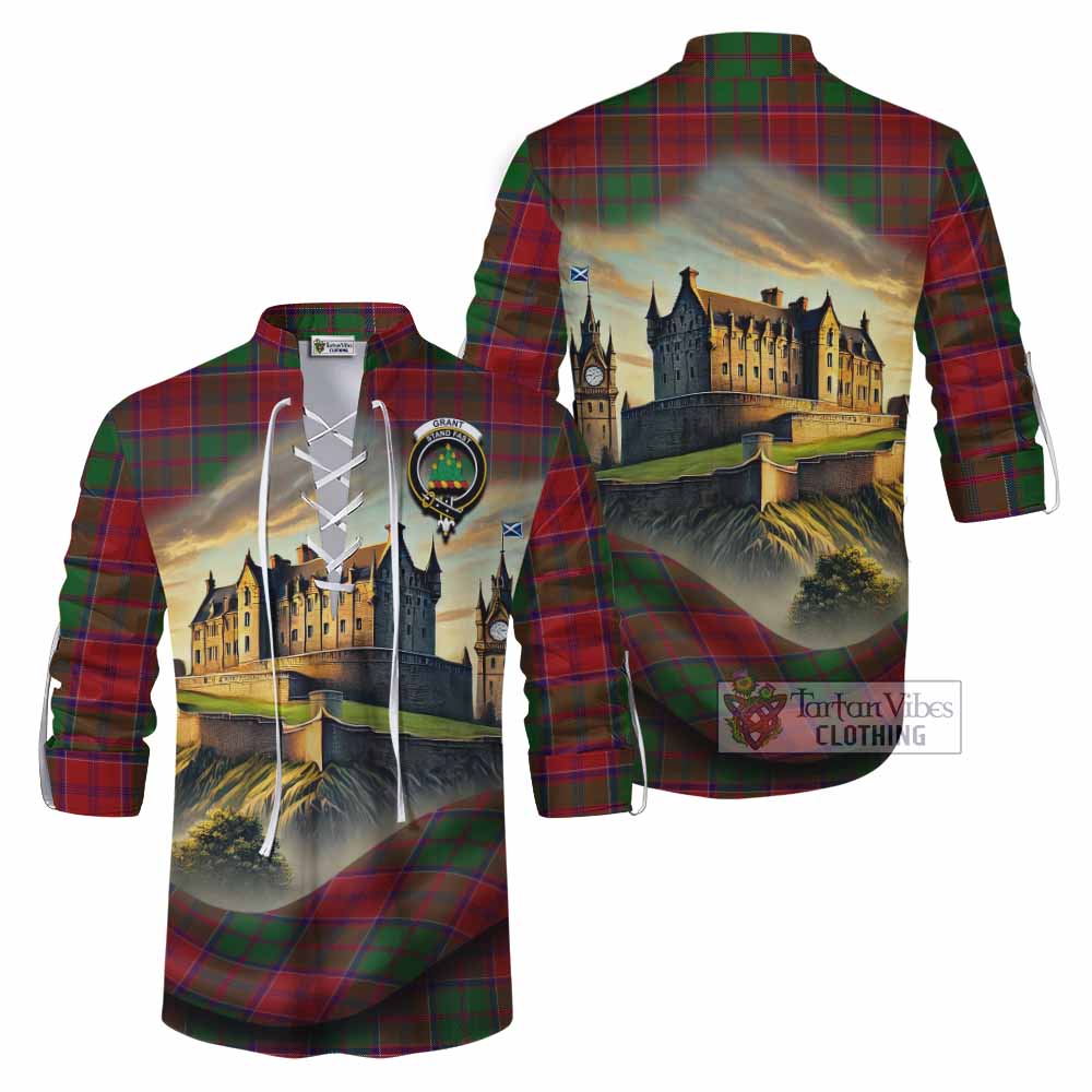Grant Tartan Family Crest Ghillie Kilt Shirt with Scottish Ancient Castle Style - Tartan Vibes Clothing