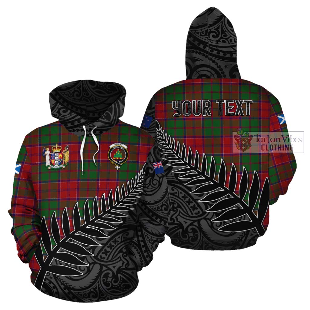 Tartan Vibes Clothing Grant Crest Tartan Cotton Hoodie with New Zealand Silver Fern Half Style