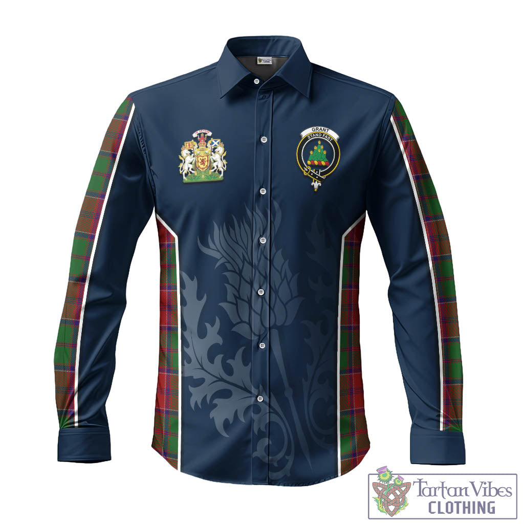 Tartan Vibes Clothing Grant Tartan Long Sleeve Button Up Shirt with Family Crest and Scottish Thistle Vibes Sport Style