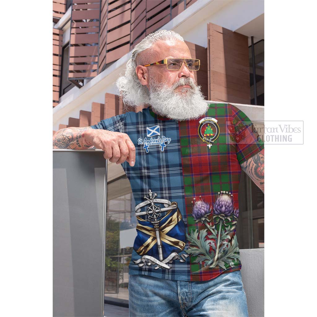 Tartan Vibes Clothing Grant Tartan Cotton T-shirt Happy St. Andrew's Day Half Tartan Style