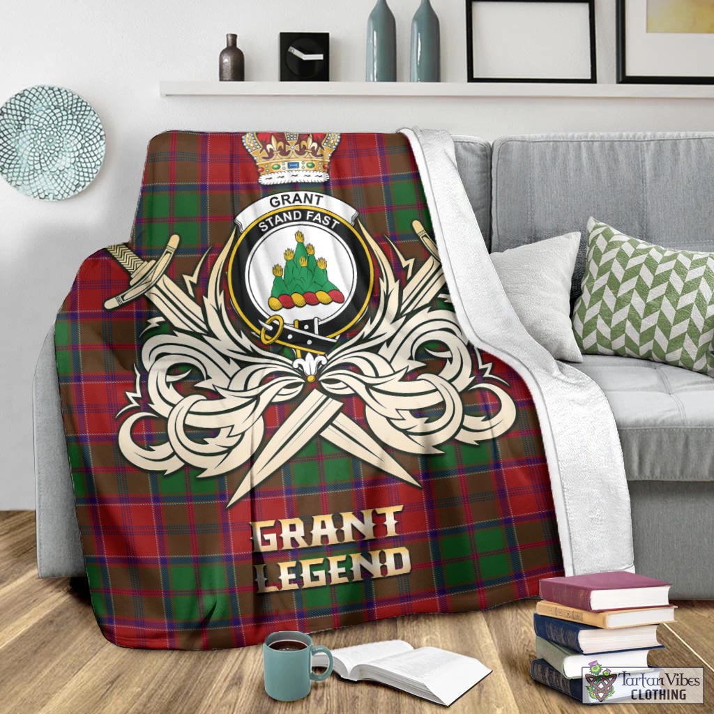 Tartan Vibes Clothing Grant Tartan Blanket with Clan Crest and the Golden Sword of Courageous Legacy