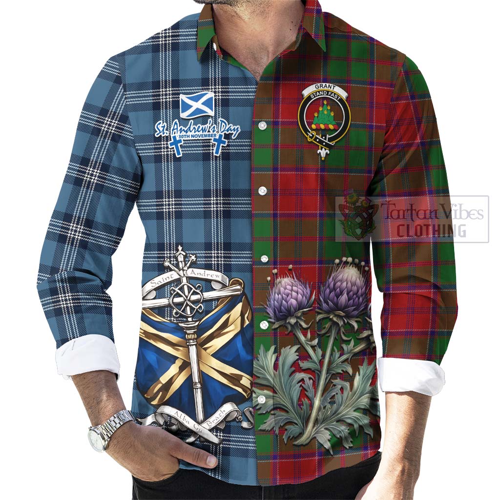 Tartan Vibes Clothing Grant Tartan Long Sleeve Button Shirt Happy St. Andrew's Day Half Tartan Style