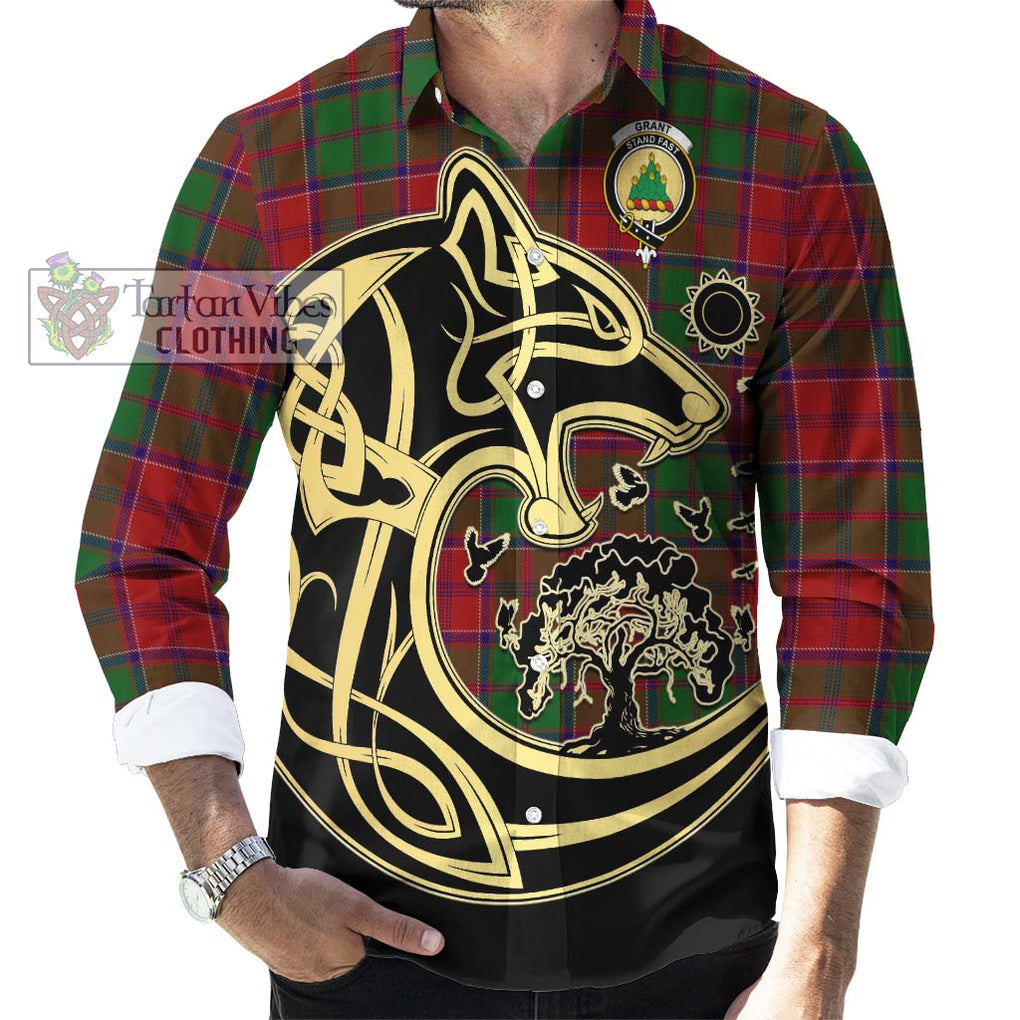 Grant Tartan Long Sleeve Button Shirt with Family Crest Celtic Wolf Style - Tartan Vibes Clothing