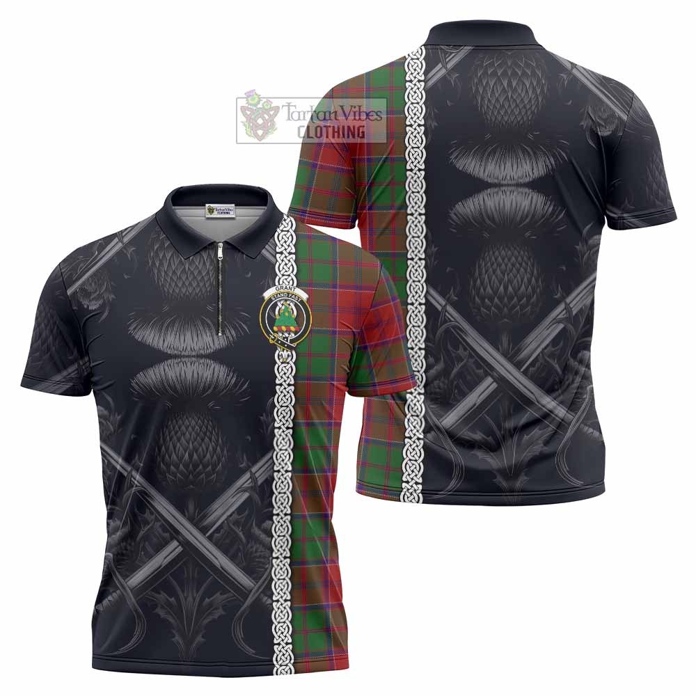 Tartan Vibes Clothing Grant Tartan Zipper Polo Shirt with Family Crest Cross Sword Thistle Celtic Vibes