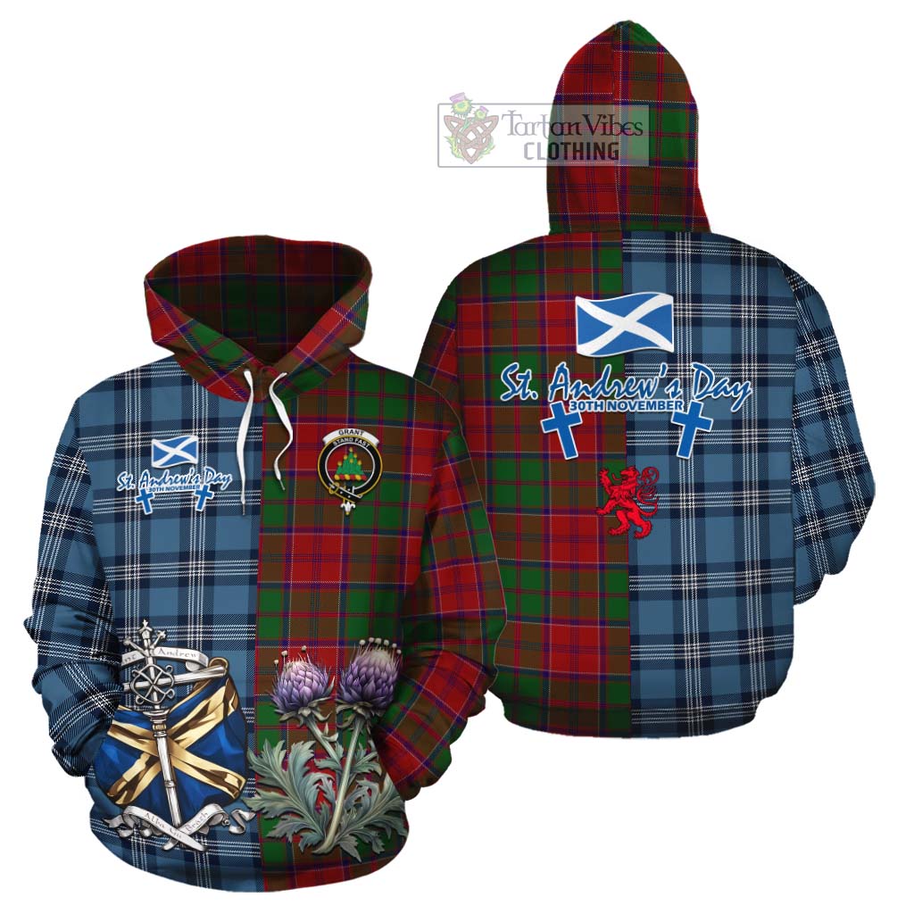 Tartan Vibes Clothing Grant Tartan Cotton Hoodie Happy St. Andrew's Day Half Tartan Style