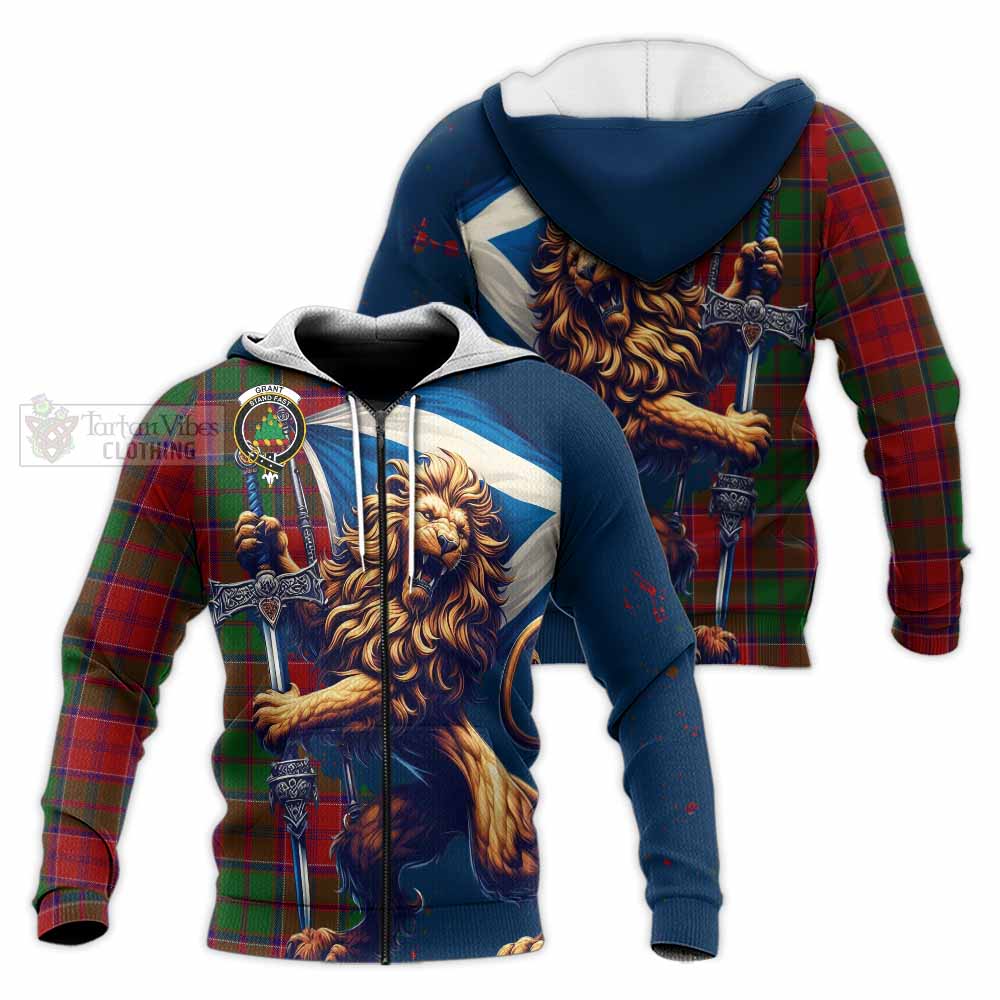 Tartan Vibes Clothing Grant Tartan Family Crest Knitted Hoodie with Scottish Majestic Lion