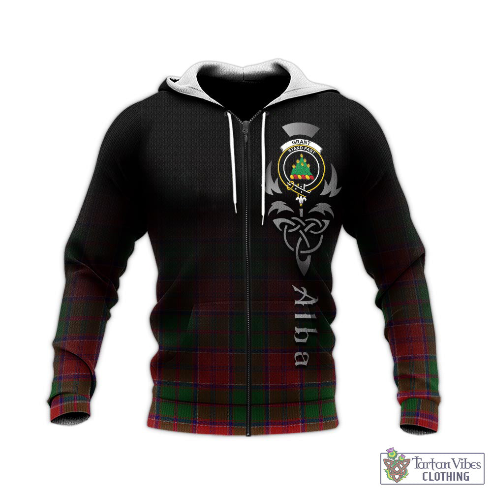 Tartan Vibes Clothing Grant Tartan Knitted Hoodie Featuring Alba Gu Brath Family Crest Celtic Inspired