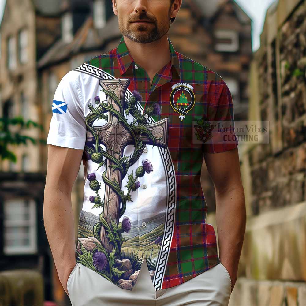 Tartan Vibes Clothing Grant Tartan Short Sleeve Button Shirt with Family Crest and St. Andrew's Cross Accented by Thistle Vines