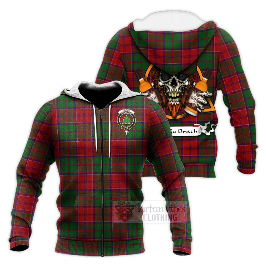 Tartan Vibes Clothing Grant Tartan Knitted Hoodie with Family Crest and Bearded Skull Holding Bottles of Whiskey