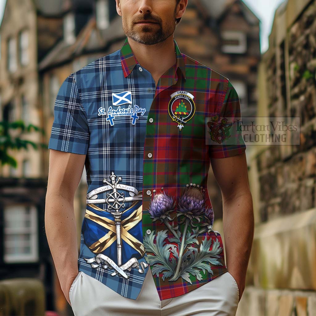 Tartan Vibes Clothing Grant Tartan Short Sleeve Button Shirt Happy St. Andrew's Day Half Tartan Style