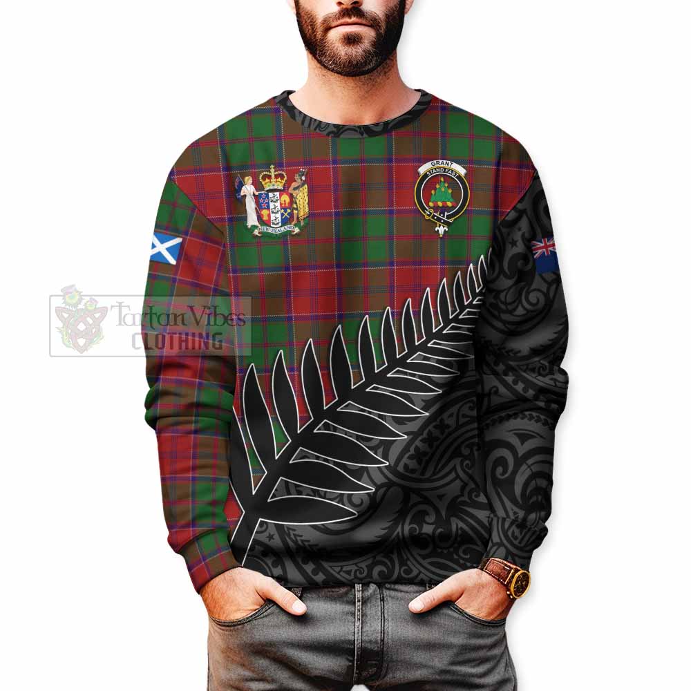 Tartan Vibes Clothing Grant Crest Tartan Sweatshirt with New Zealand Silver Fern Half Style