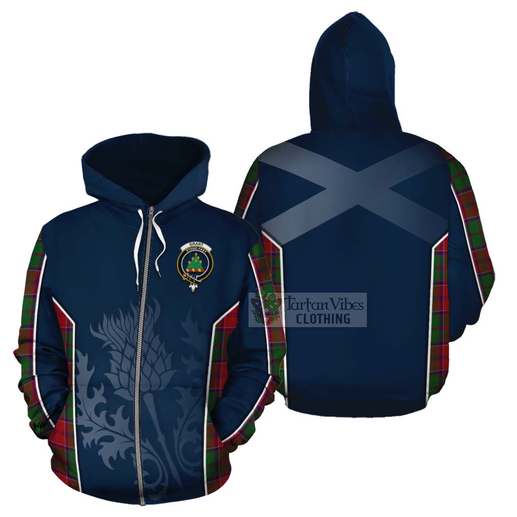 Tartan Vibes Clothing Grant Tartan Cotton Hoodie with Family Crest and Scottish Thistle Vibes Sport Style