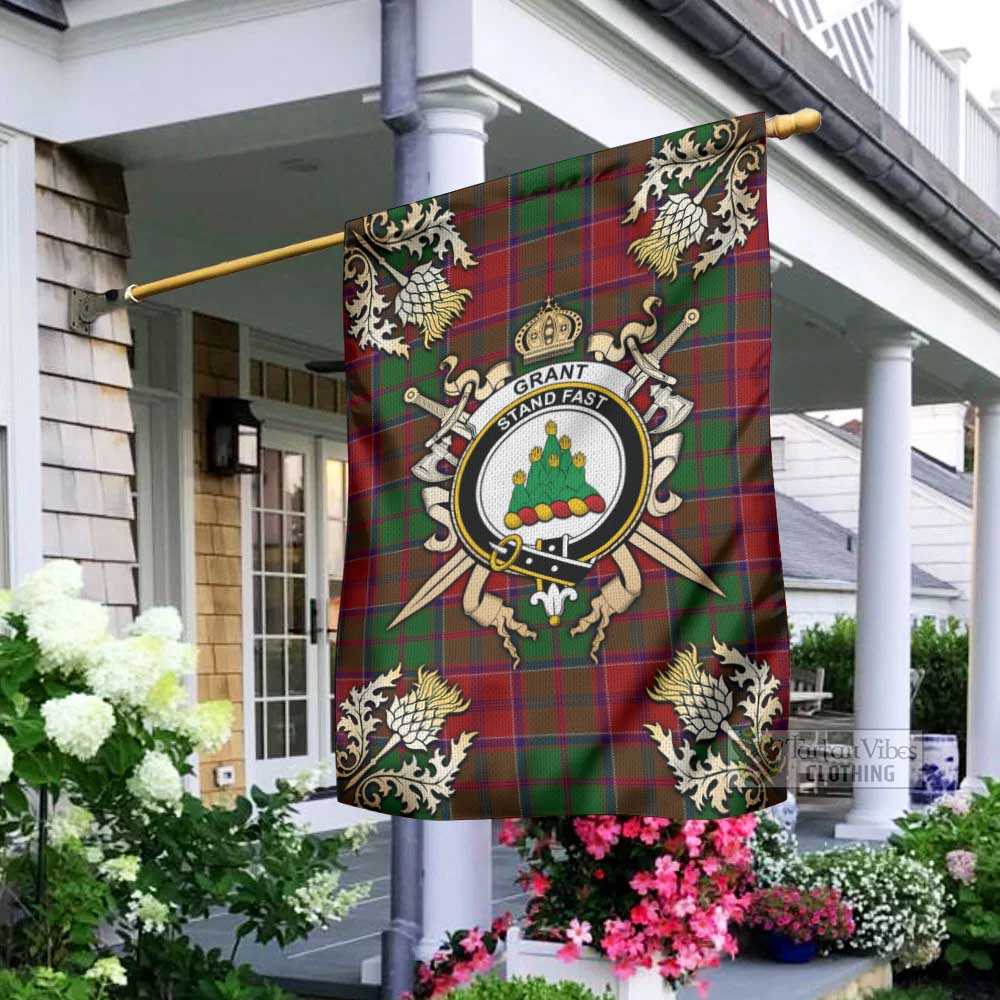 Tartan Vibes Clothing Grant Tartan Flag with Family Crest and Golden Thistle Crossed Sword Design