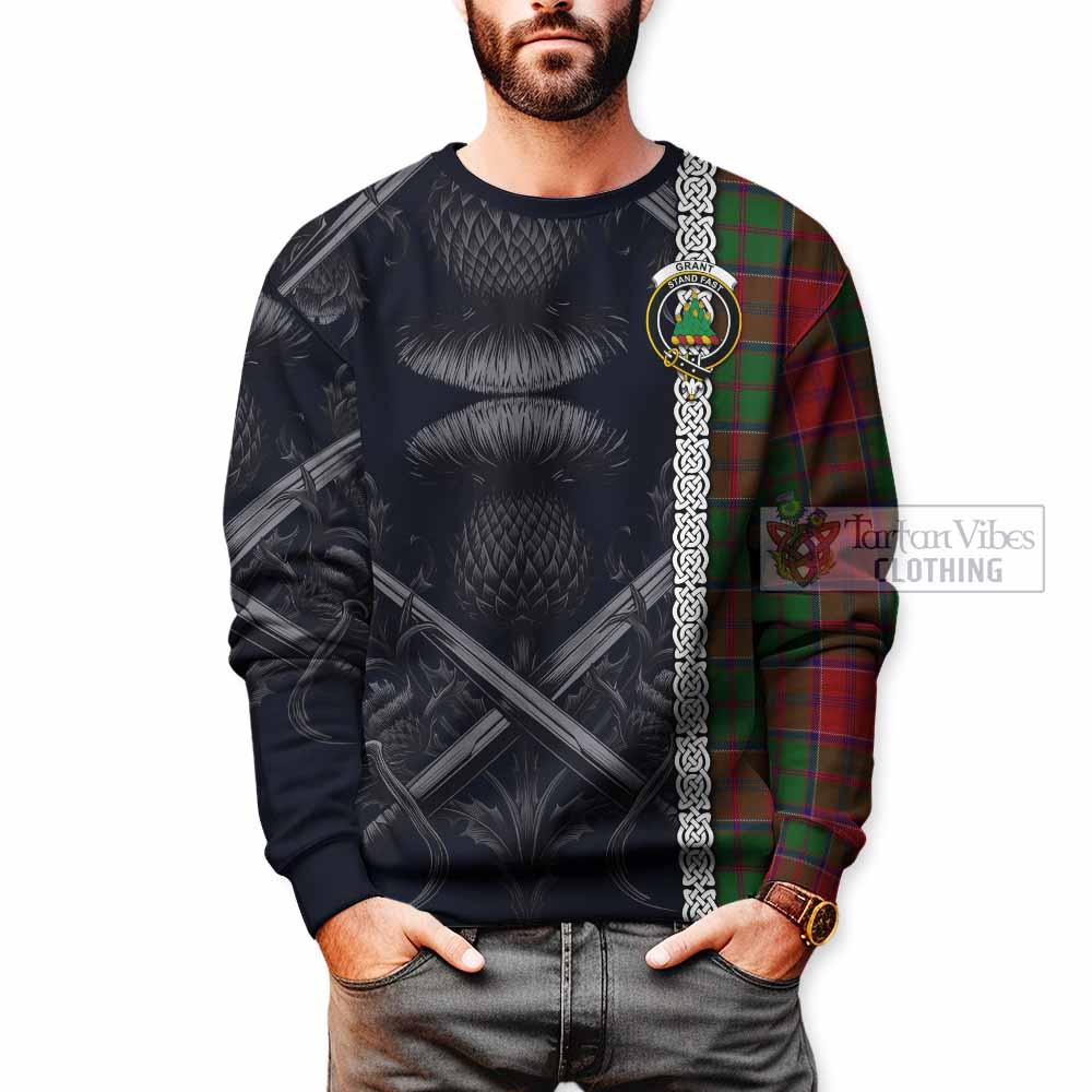 Tartan Vibes Clothing Grant Tartan Sweatshirt with Family Crest Cross Sword Thistle Celtic Vibes