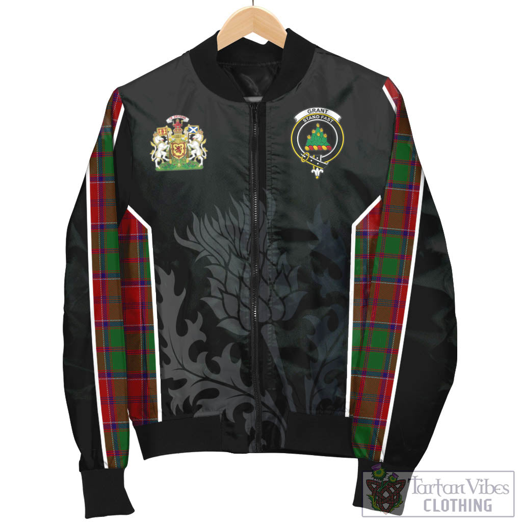 Tartan Vibes Clothing Grant Tartan Bomber Jacket with Family Crest and Scottish Thistle Vibes Sport Style