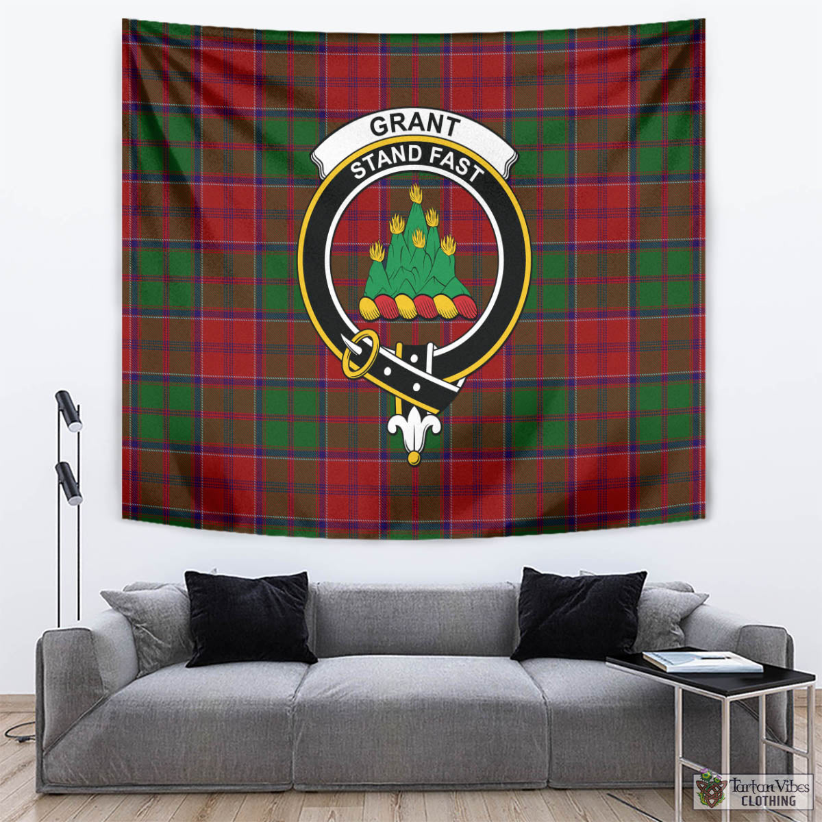 Tartan Vibes Clothing Grant Tartan Tapestry Wall Hanging and Home Decor for Room with Family Crest