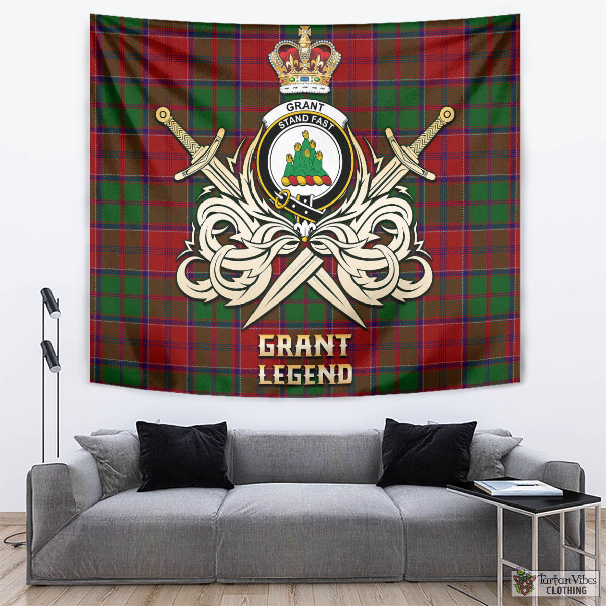 Tartan Vibes Clothing Grant Tartan Tapestry with Clan Crest and the Golden Sword of Courageous Legacy