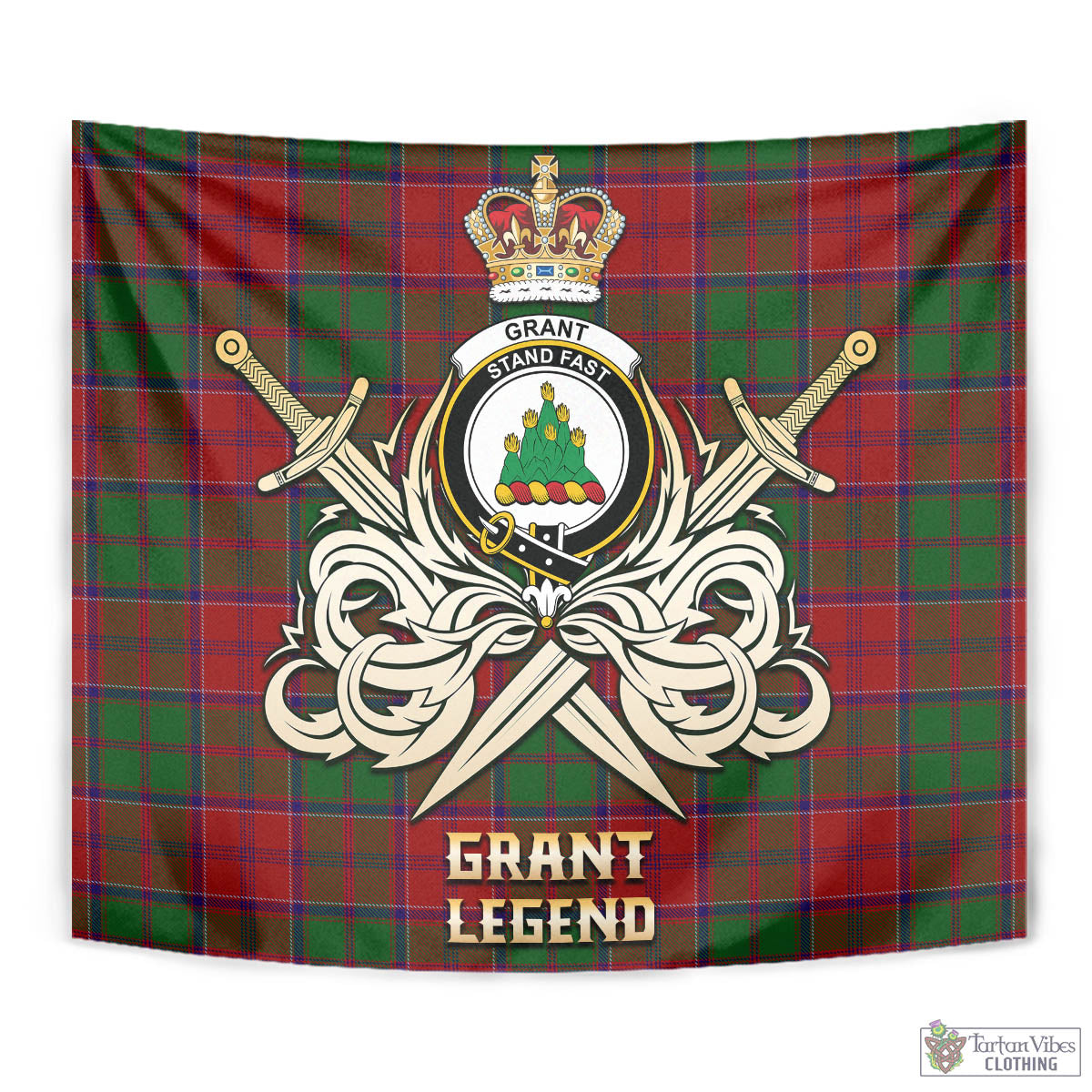 Tartan Vibes Clothing Grant Tartan Tapestry with Clan Crest and the Golden Sword of Courageous Legacy