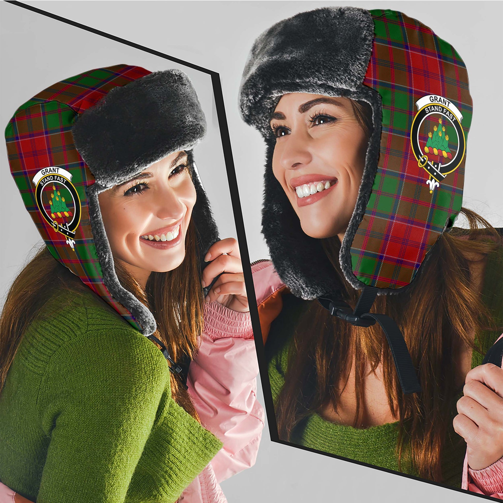 Grant Tartan Winter Trapper Hat with Family Crest - Tartanvibesclothing