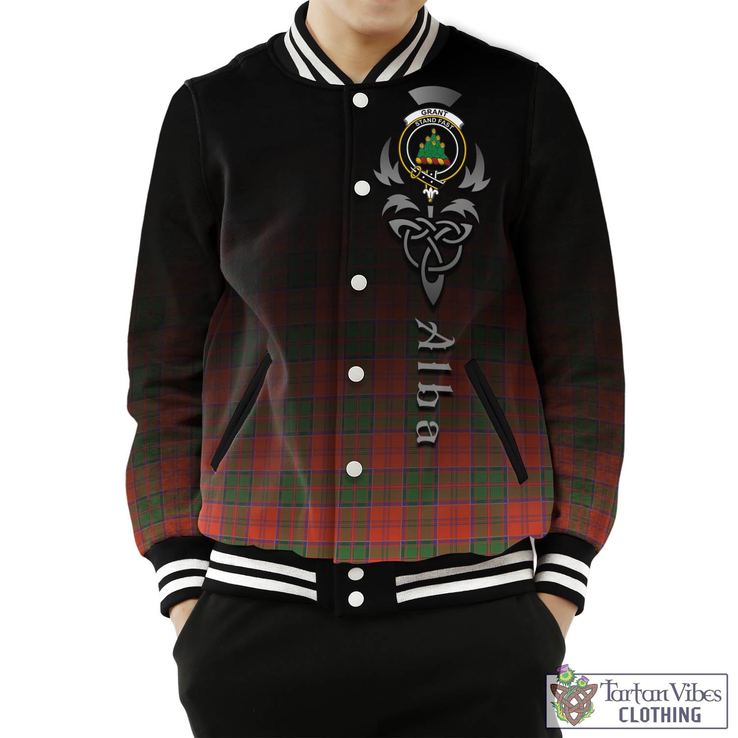 Tartan Vibes Clothing Grant Ancient Tartan Baseball Jacket Featuring Alba Gu Brath Family Crest Celtic Inspired