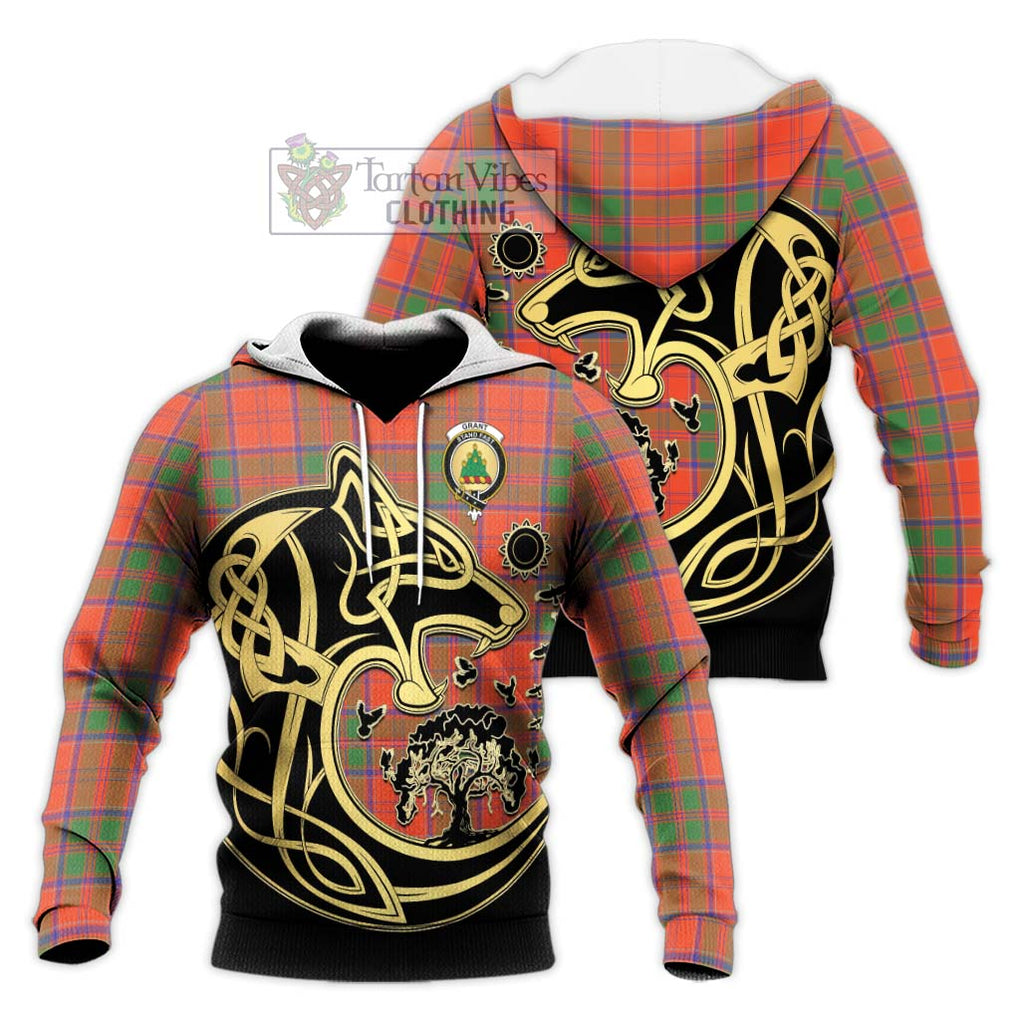 Grant Ancient Tartan Knitted Hoodie with Family Crest Celtic Wolf Style Unisex Knitted Pullover Hoodie - Tartan Vibes Clothing