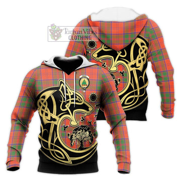 Grant Ancient Tartan Knitted Hoodie with Family Crest Celtic Wolf Style