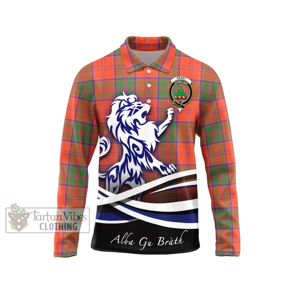 Grant Ancient Tartan Long Sleeve Polo Shirt with Alba Gu Brath Regal Lion Emblem Unisex - Tartanvibesclothing Shop