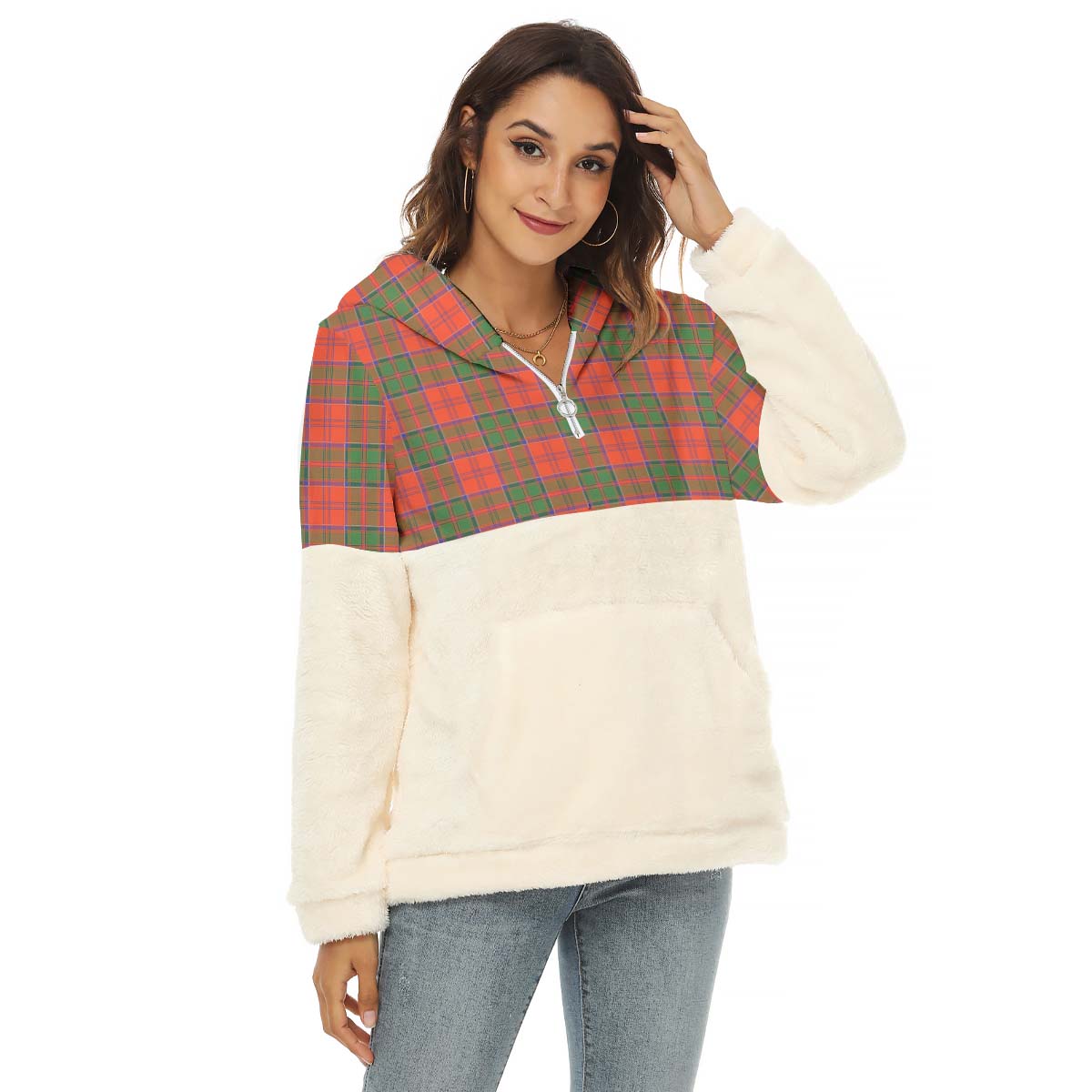 Grant Ancient Tartan Women's Borg Fleece Hoodie With Half Zip Female - Tartan Vibes Clothing