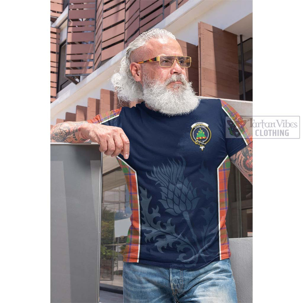 Tartan Vibes Clothing Grant Ancient Tartan Cotton T-shirt with Family Crest and Scottish Thistle Vibes Sport Style