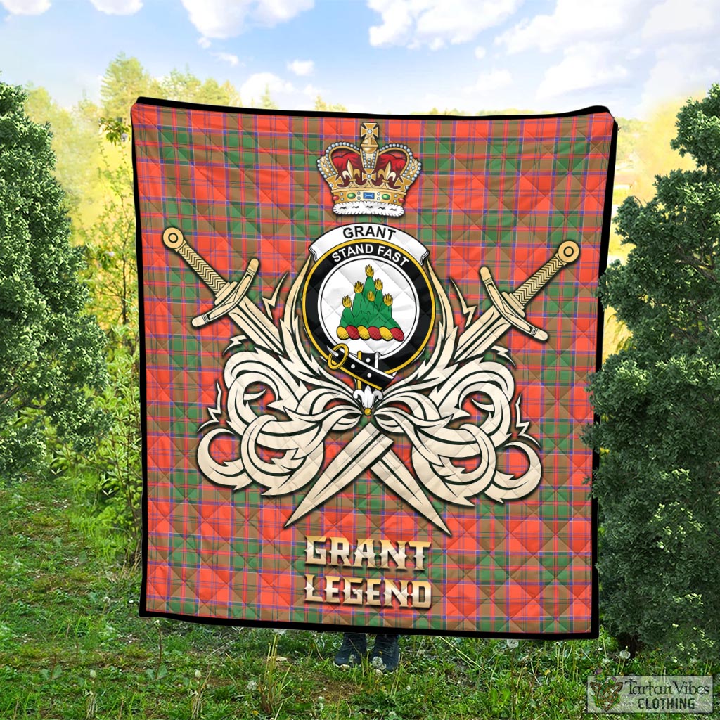 Tartan Vibes Clothing Grant Ancient Tartan Quilt with Clan Crest and the Golden Sword of Courageous Legacy