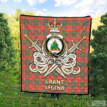 Grant Ancient Tartan Quilt with Clan Crest and the Golden Sword of Courageous Legacy