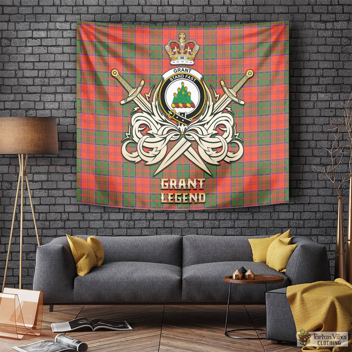 Tartan Vibes Clothing Grant Ancient Tartan Tapestry with Clan Crest and the Golden Sword of Courageous Legacy