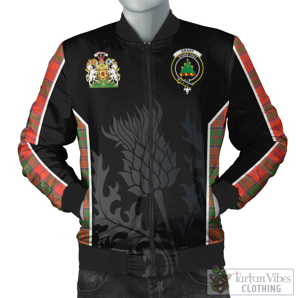 Tartan Vibes Clothing Grant Ancient Tartan Bomber Jacket with Family Crest and Scottish Thistle Vibes Sport Style