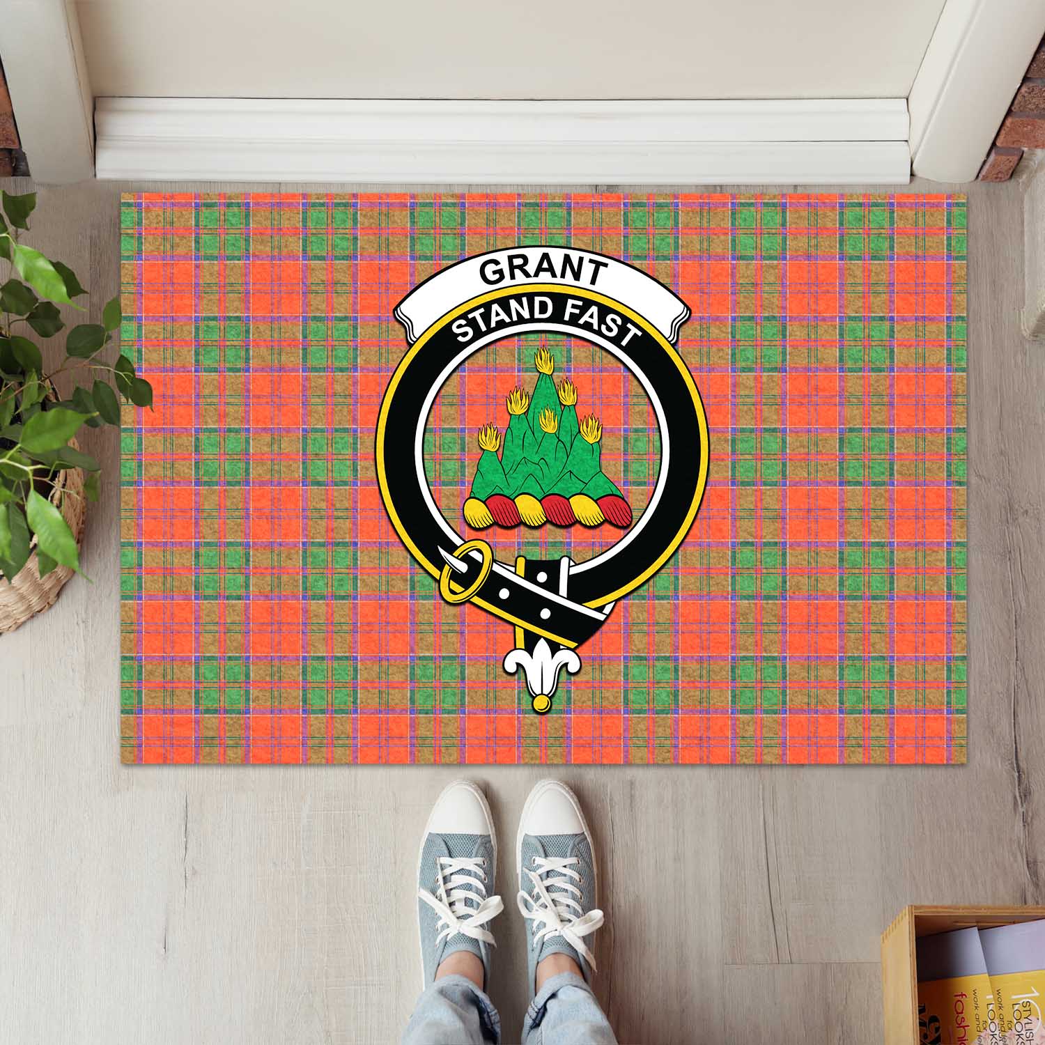 Grant Ancient Tartan Door Mat with Family Crest - Tartanvibesclothing